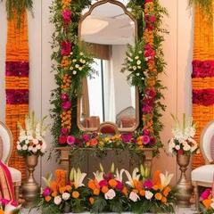 This elegant photo corner features a large, ornate mirror framed with a lush arrangement of pink and orange roses, lilies, and fresh greenery. It’s a perfect spot for guests to take beautiful selfies.