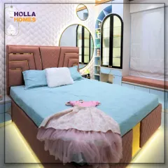 We had so much fun designing this teenage bedroom for two sisters. The room features a stylish pink headboard with gold accents and a beautiful 3D textured wall.