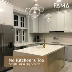 No kitchen is too small for a big vision. This bright and airy kitchen features a compact island, clever lighting, and reflective surfaces to create a sense of spaciousness and luxury.