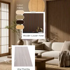This room uses wooden louver panels and vinyl flooring to create a Japandi look. The clean lines of the panels and the neutral color palette create a space that is both modern and calming.