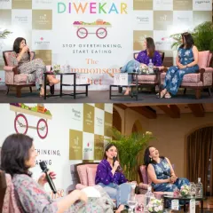 These images capture the engaging panel discussion at the book launch. The top photo shows the full panel, while the bottom one focuses on a moment of laughter, conveying the warm and witty atmosphere of the event.