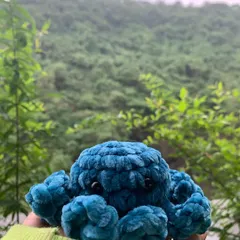 This squishy octopus is made with a beautiful blue velvet yarn that's incredibly soft to the touch. It’s a no-sew design, which gives it a really clean and sturdy finish.
