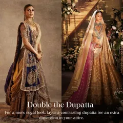 A key trend I'm loving is the double dupatta. Layering a contrasting or complementary second dupatta adds a regal dimension and depth to a traditional bridal lehenga.
