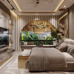 A master bedroom should be a personal sanctuary. For this space, we crafted a warm and elegant retreat using rich veneer, seamless mirror detailing, and a stunning arched window seat, perfectly designed for a young couple who loves modern aesthetics.