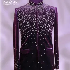 A full front view of the purple velvet Jodhpuri, showcasing the beautiful gradient of the embellishments from dense at the shoulders to sparse at the hem.