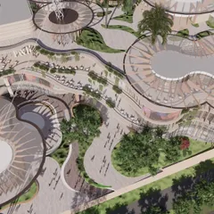 This conceptual render for Inorbit Vizag illustrates our approach to creating pedestrian-centric public spaces. The design features flowing walkways, organic-shaped structures, and extensive green cover, weaving nature and movement into a vibrant commercial hub.
