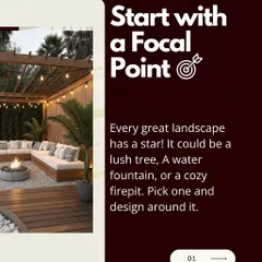 Every great landscape begins with a single, strong idea. I believe in establishing a focal point, like this inviting firepit, to anchor the entire design. Here, it is the heart of a cozy outdoor lounge, complete with a wooden pergola and ambient string lights, creating the perfect setting for relaxation and connection.