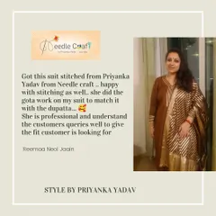 A lovely review from a client who was happy with the stitching and the custom gota work we added to her suit to match the dupatta.