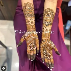 An elegant design with a focus on symmetry and clean patterns. The dark-tipped fingers create a striking contrast with the detailed work on the hands and arms.