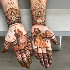 For Karwa Chauth or your anniversary, I can create personalized couple portraits right on your hands. This design tells a love story, with the couple dancing on one hand and their initials on the other, surrounded by beautiful traditional patterns.