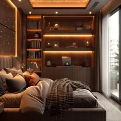 For a touch of magic, I can install a fiber-optic star ceiling like this one. Combined with warm wood shelving and a comfortable bed, it creates a truly dreamy and luxurious bedroom.