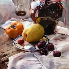 A still life demonstration in watercolor, focusing on light, textures, and form. Capturing the shine on the spoon and the soft folds of the fabric are key elements in bringing realism to the piece.