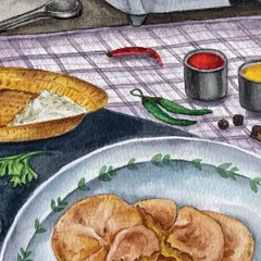 An illustration of Poorni, a flat moong dal-stuffed kachori. This recipe has traveled through four generations, from Pakistan to Delhi, a testament to how food carries our history.
