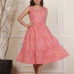 This sleeveless tiered dress in a vibrant pink floral print is a customer favorite. It has a flattering fit and a tiered skirt that adds a playful, flowy movement.