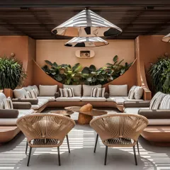 A symmetrical view of the main gathering area on the terrace. The built-in, curved seating and natural-form coffee tables create an inviting and organic space for socializing, framed by a backdrop of tropical plants.