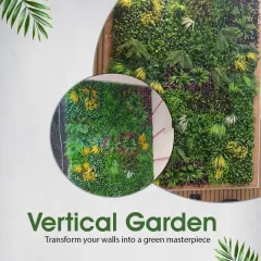 A closer look at a custom vertical garden design. We mix different shades of green, yellow, and purple foliage to create depth and visual interest, turning a simple wall into a work of art.