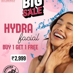 Get ready for glowing, hydrated skin with our most popular treatment. This image showcases our special "Buy 1 Get 1 Free" HydraFacial offer, an FDA-approved procedure that deeply cleanses, exfoliates, and infuses the skin with intensive serums for an unmatched glow.