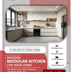 A dream of every home: a modern modular kitchen. This graphic emphasizes our key benefits, including no hidden costs, premium quality, 45-day delivery, and a 15-year warranty.