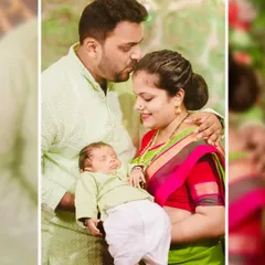 A tender family moment at a naming ceremony, with the new father kissing his wife's forehead as she holds their sleeping newborn.