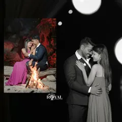 A creative black and white edit showing a couple's intimate dance, with a color inset of them by a bonfire.