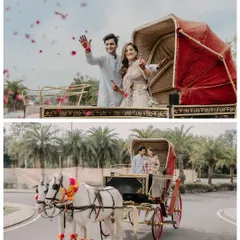 A fairytale exit in a horse-drawn carriage at the ITC Grand Bharat. This shot captures the joy and celebration of the couple, creating a truly cinematic and memorable moment.