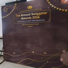 A close-up of the custom-designed backdrop for the Swiggstar Awards. We made sure to include the names of all the winners, making it a perfect photo opportunity and a proud moment for the top performers being recognized.