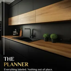 For "The Planner" who loves when everything is labeled and in its place, I design kitchens with smart pull-outs and our durable M-Core™ material. This matte black kitchen with wood accents features deep drawers and organized compartments to keep everything in order.