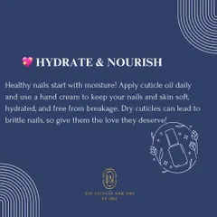 Hydration is key. I always recommend applying cuticle oil daily to keep your nails and the surrounding skin moisturized. Healthy cuticles mean less breakage and stronger nails.