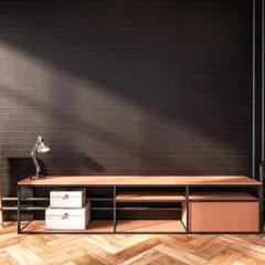 We love mixing textures to create visual interest. This concept pairs a warm wood and metal console with a dark brick wall and herringbone flooring, demonstrating how contrasting materials can work together beautifully.