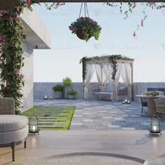 A romantic corner of the Rajouri Garden terrace, with a curtained gazebo swing and lantern lighting, creating a perfect spot for quiet evenings.