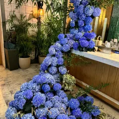 For this event, I designed a floral plunge pool using hundreds of blue hydrangeas. The goal was to create a breathtaking moment of drama and immersion, turning a simple corner into a sensational, cascading river of flowers.