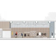 An architectural section drawing of the GRASSROOT retail store. This technical view cuts through the building to show vertical relationships, ceiling heights, and the integration of lighting and display fixtures.