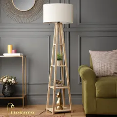 Our wooden shelf floor lamp is both a source of light and a display unit. The A-frame design in a natural wood finish includes multiple shelves, perfect for showcasing small plants and decor items, adding functional style to any corner.