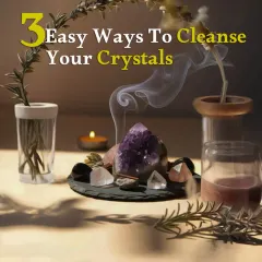 This carousel explains three easy ways to cleanse your crystals to keep their energy pure. You can use smoke from sage or incense, charge them under the moonlight, or use the vibrations from sound healing bells or mantras.