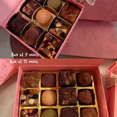 My mini assortment boxes are perfect for sharing a sweet moment. I offer a box of 9 or a box of 12, filled with a mix of my favorite mini brownies, blondies, shortbread cookies, and homemade dark chocolate truffles.