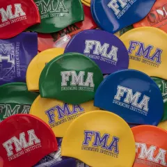A close-up of our vibrant FMA swimming caps. Made from durable material, these caps are perfect for training and competitions.