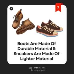 Materials also play a key role. Boots are made of durable materials like leather for protection, while sneakers use lighter, more breathable materials for flexibility and comfort.