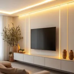 In this minimalist design, we used clean lines of light to create a dramatic effect. The vertical light strips integrated into the wall paneling and the cove lighting along the ceiling add warmth and architectural interest.