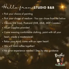 The cozy season is here, and so is our new workshop schedule! Come paint with me at Studio B&B. All supplies are provided, just bring your creative spirit.