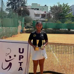 Our star junior, Eshita, showcasing her hard earned trophies after a successful week at the SS U-16 Bengaluru tournament. She reached the singles final and won the doubles title, demonstrating the all round competitive skills we build in our players.