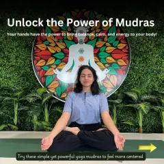 Unlock the power of Mudras. Your hands have the ability to bring balance, calm, and energy to your body. Here, a student sits in Padmasana, ready to practice these simple yet powerful hand gestures.
