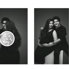 A black and white diptych from a gender reveal shoot. The "It's a boy" sign adds a sweet element of storytelling to these classic studio portraits.