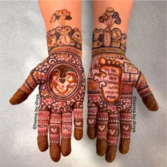 A heartfelt design for a mom-to-be, this mehendi includes a portrait of the parents, a message for their son, and symbols of love like hearts and 'Mom' and 'Dad' inscriptions.