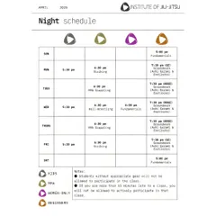 Our night schedule offers a variety of classes to fit your evening routine. We have sessions for Striking, Wall-Wrestling, MMA Grappling, and both GI and NOGI Fundamentals.
