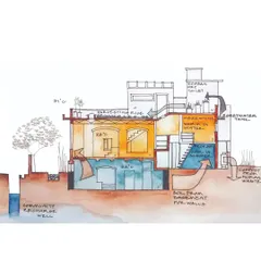 A sectional drawing of the Sans Souci Residence, illustrating its core ecological strategies. It shows how the basement provides soil for the walls, how mezzanines create seasonal comfort zones, and how the rooftop harvests rainwater and supports a garden.
