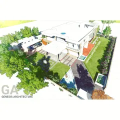 A hand-colored architectural render of a contemporary villa. This technique helps visualize not just the building's form, but also the texture of the landscape, the play of shadows, and the overall mood of the future home.