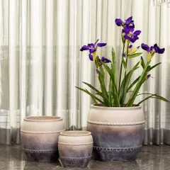 This set of three rustic planters features a beautiful ombre finish and a textured, rope-like detail. They are perfect for creating a cohesive, earthy look with different-sized plants.