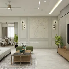 This view highlights the elegant wall paneling and modern sconce lights that frame a beautiful piece of abstract art. It's a great example of how to create a sophisticated feature wall that doesn't overpower the room's serene aesthetic.