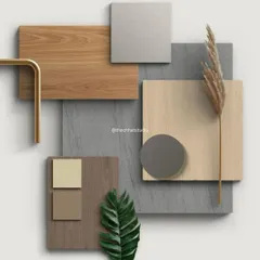 Here is a moodboard showcasing a sophisticated material combination. I've paired different wood finishes with grey stone, brushed metal, and natural elements like dried grass to create a palette that is modern, textured, and timeless.