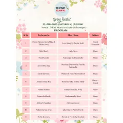 The program for our Spring Recital, featuring a mix of vocal ensembles, piano solos, and duets. Our recitals showcase a wide variety of musical talents and genres.